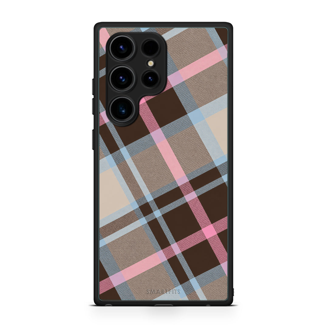 Θήκη Samsung Galaxy S23 Ultra Brown Pink and Blue Diagonal Plaid από τη Smartfits με σχέδιο στο πίσω μέρος και μαύρο περίβλημα | Samsung Galaxy S23 Ultra Brown Pink and Blue Diagonal Plaid case with colorful back and black bezels