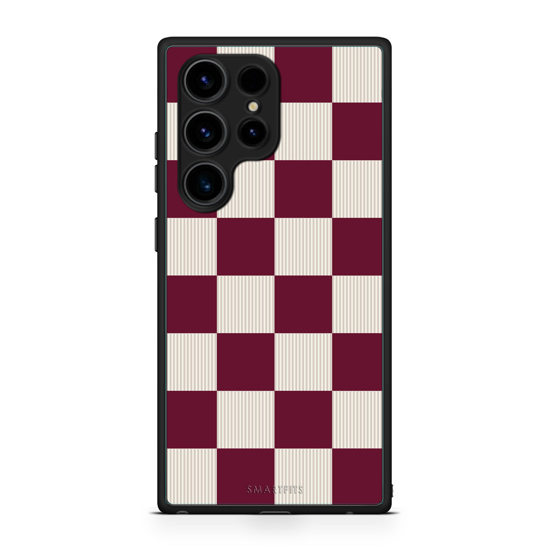 Θήκη Samsung Galaxy S23 Ultra Burgundy and Cream Striped Checks από τη Smartfits με σχέδιο στο πίσω μέρος και μαύρο περίβλημα | Samsung Galaxy S23 Ultra Burgundy and Cream Striped Checks case with colorful back and black bezels