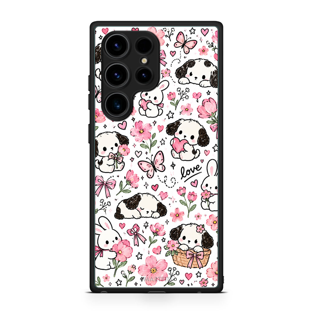 Θήκη Samsung Galaxy S23 Ultra Pink Florals Puppies and Bunnies on White από τη Smartfits με σχέδιο στο πίσω μέρος και μαύρο περίβλημα | Samsung Galaxy S23 Ultra Pink Florals Puppies and Bunnies on White case with colorful back and black bezels