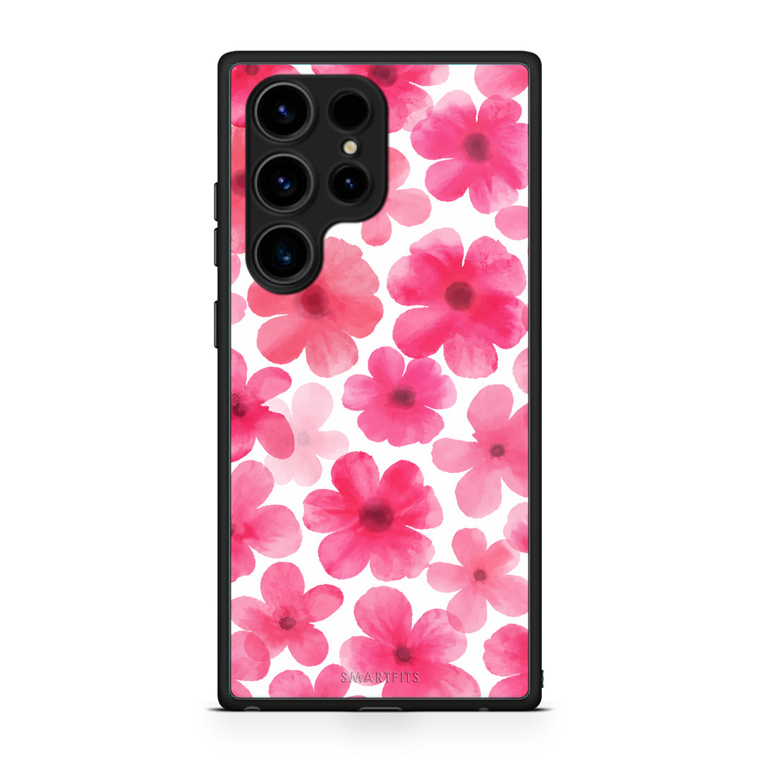 Θήκη Samsung Galaxy S23 Ultra Pink Watercolour Flowers on White από τη Smartfits με σχέδιο στο πίσω μέρος και μαύρο περίβλημα | Samsung Galaxy S23 Ultra Pink Watercolour Flowers on White case with colorful back and black bezels