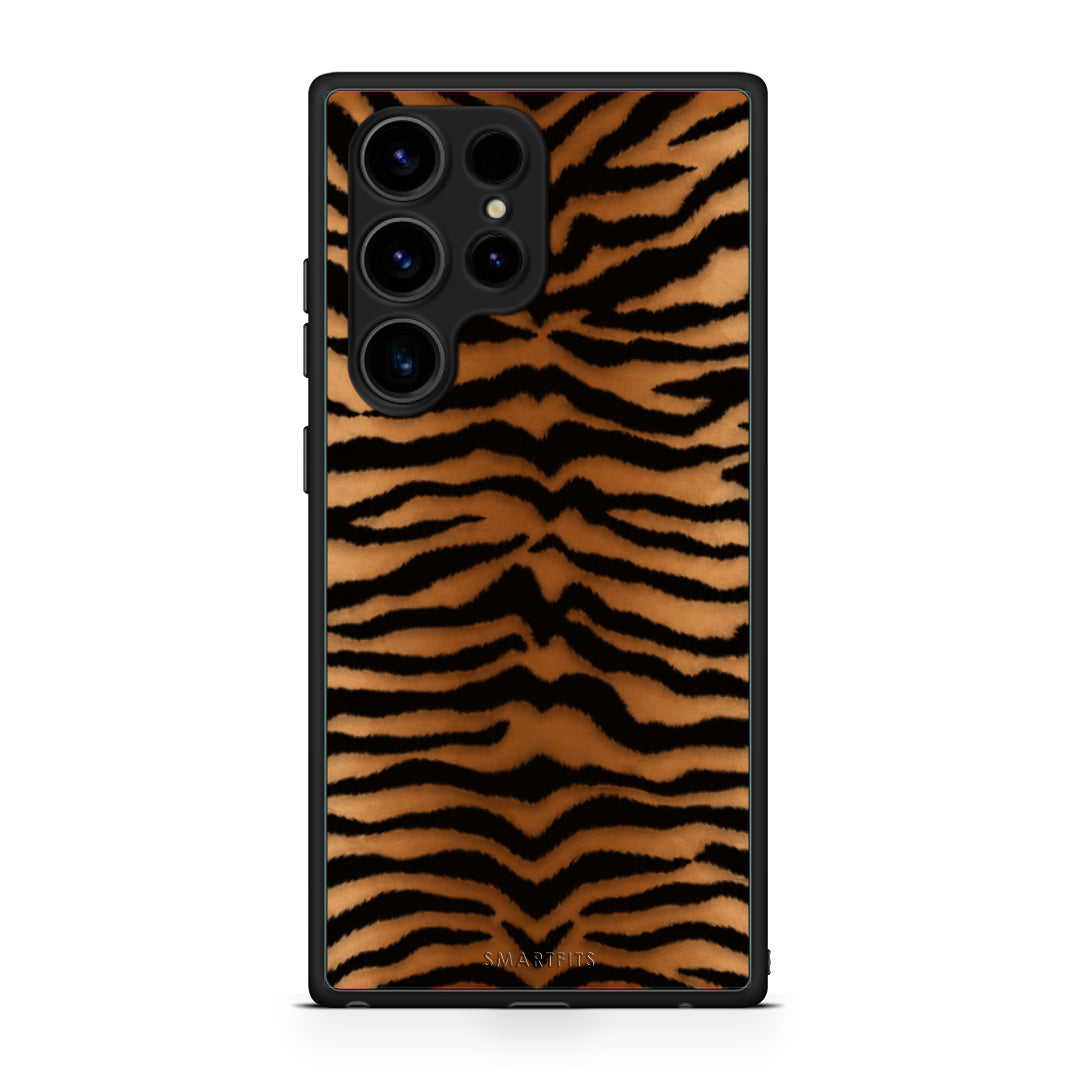 Θήκη Samsung Galaxy S23 Ultra Tiger Print Orange and Black από τη Smartfits με σχέδιο στο πίσω μέρος και μαύρο περίβλημα | Samsung Galaxy S23 Ultra Tiger Print Orange and Black case with colorful back and black bezels