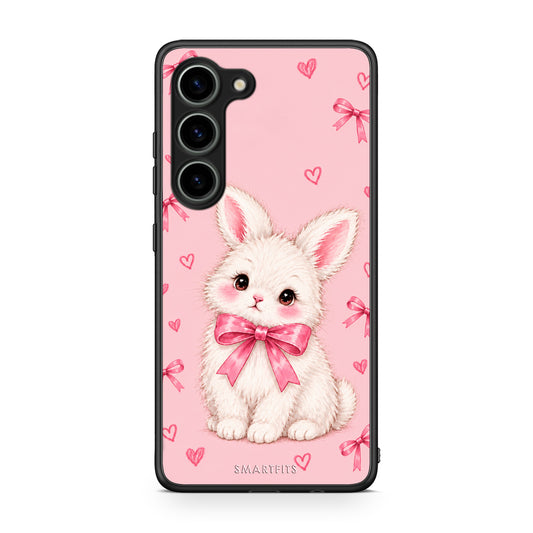 Θήκη Samsung Galaxy S23 White Bunny and Pink Bows από τη Smartfits με σχέδιο στο πίσω μέρος και μαύρο περίβλημα | Samsung Galaxy S23 White Bunny and Pink Bows case with colorful back and black bezels