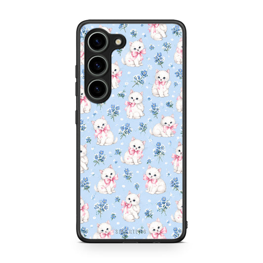 Θήκη Samsung Galaxy S23 White Kittens and Blue Flowers Small από τη Smartfits με σχέδιο στο πίσω μέρος και μαύρο περίβλημα | Samsung Galaxy S23 White Kittens and Blue Flowers Small case with colorful back and black bezels