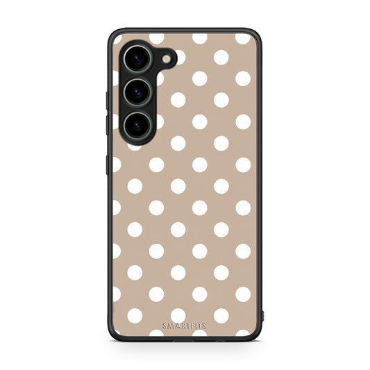 Θήκη Samsung Galaxy S23 White Polka Dots on Taupe από τη Smartfits με σχέδιο στο πίσω μέρος και μαύρο περίβλημα | Samsung Galaxy S23 White Polka Dots on Taupe case with colorful back and black bezels