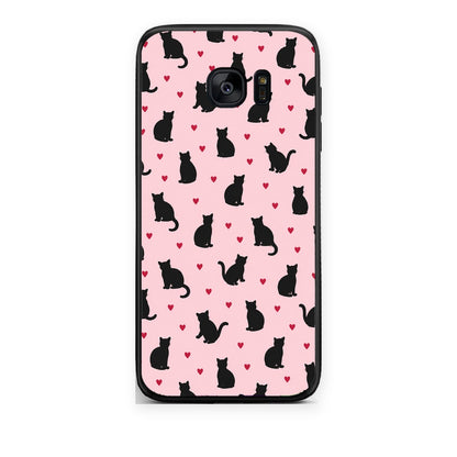 Θήκη Samsung Galaxy S7 Black Cat Silhouettes and Hearts on Pink από τη Smartfits με σχέδιο στο πίσω μέρος και μαύρο περίβλημα | Samsung Galaxy S7 Black Cat Silhouettes and Hearts on Pink case with colorful back and black bezels