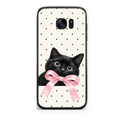 Θήκη Samsung Galaxy S7 Black Kitten Pink Bow and Polka Dots από τη Smartfits με σχέδιο στο πίσω μέρος και μαύρο περίβλημα | Samsung Galaxy S7 Black Kitten Pink Bow and Polka Dots case with colorful back and black bezels