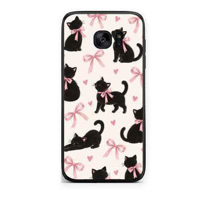 Θήκη Samsung Galaxy S7 Black Kittens and Pink Bows on Cream Large από τη Smartfits με σχέδιο στο πίσω μέρος και μαύρο περίβλημα | Samsung Galaxy S7 Black Kittens and Pink Bows on Cream Large case with colorful back and black bezels