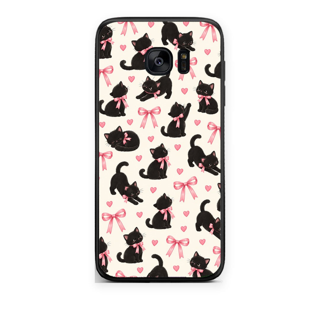 Θήκη Samsung Galaxy S7 Black Kittens and Pink Bows on Cream Small από τη Smartfits με σχέδιο στο πίσω μέρος και μαύρο περίβλημα | Samsung Galaxy S7 Black Kittens and Pink Bows on Cream Small case with colorful back and black bezels