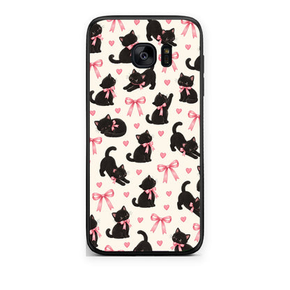 Θήκη Samsung Galaxy S7 Black Kittens and Pink Bows on Cream Small από τη Smartfits με σχέδιο στο πίσω μέρος και μαύρο περίβλημα | Samsung Galaxy S7 Black Kittens and Pink Bows on Cream Small case with colorful back and black bezels