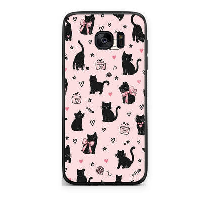 Θήκη Samsung Galaxy S7 Edge Black Cat Doodles on Pink από τη Smartfits με σχέδιο στο πίσω μέρος και μαύρο περίβλημα | Samsung Galaxy S7 Edge Black Cat Doodles on Pink case with colorful back and black bezels