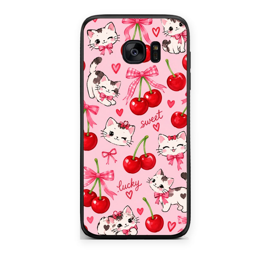 Θήκη Samsung Galaxy S7 Edge Cherries Bows and Kittens on Pink από τη Smartfits με σχέδιο στο πίσω μέρος και μαύρο περίβλημα | Samsung Galaxy S7 Edge Cherries Bows and Kittens on Pink case with colorful back and black bezels