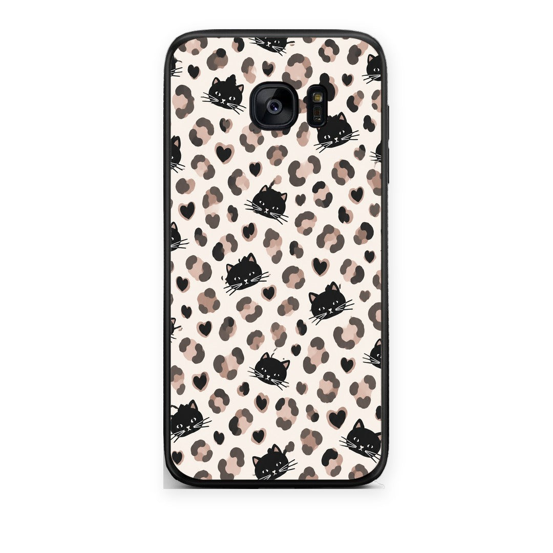 Θήκη Samsung Galaxy S7 Edge Leopard Spots and Black Cats on Cream από τη Smartfits με σχέδιο στο πίσω μέρος και μαύρο περίβλημα | Samsung Galaxy S7 Edge Leopard Spots and Black Cats on Cream case with colorful back and black bezels