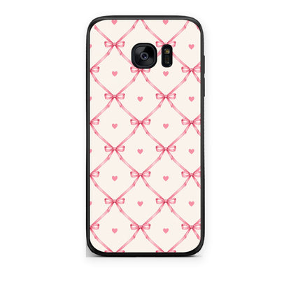 Θήκη Samsung Galaxy S7 Edge Pink Bow Lattice and Hearts on Cream από τη Smartfits με σχέδιο στο πίσω μέρος και μαύρο περίβλημα | Samsung Galaxy S7 Edge Pink Bow Lattice and Hearts on Cream case with colorful back and black bezels