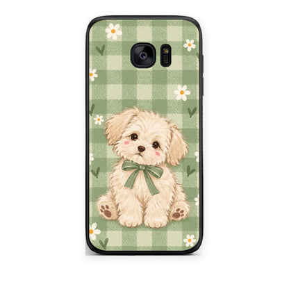 Θήκη Samsung Galaxy S7 Edge Puppy and Daisies on Sage Gingham από τη Smartfits με σχέδιο στο πίσω μέρος και μαύρο περίβλημα | Samsung Galaxy S7 Edge Puppy and Daisies on Sage Gingham case with colorful back and black bezels