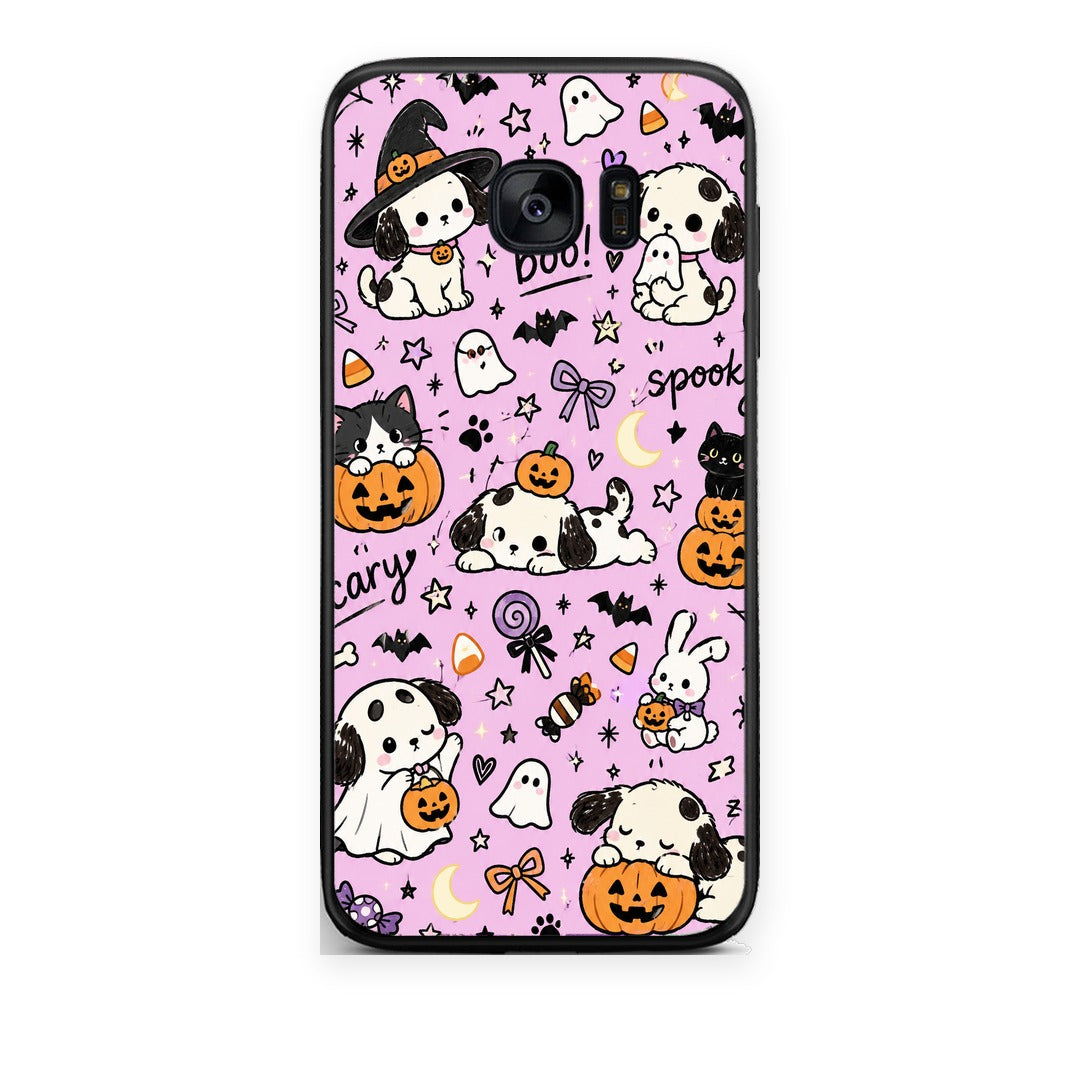Θήκη Samsung Galaxy S7 Halloween Puppies and Friends on Lilac από τη Smartfits με σχέδιο στο πίσω μέρος και μαύρο περίβλημα | Samsung Galaxy S7 Halloween Puppies and Friends on Lilac case with colorful back and black bezels