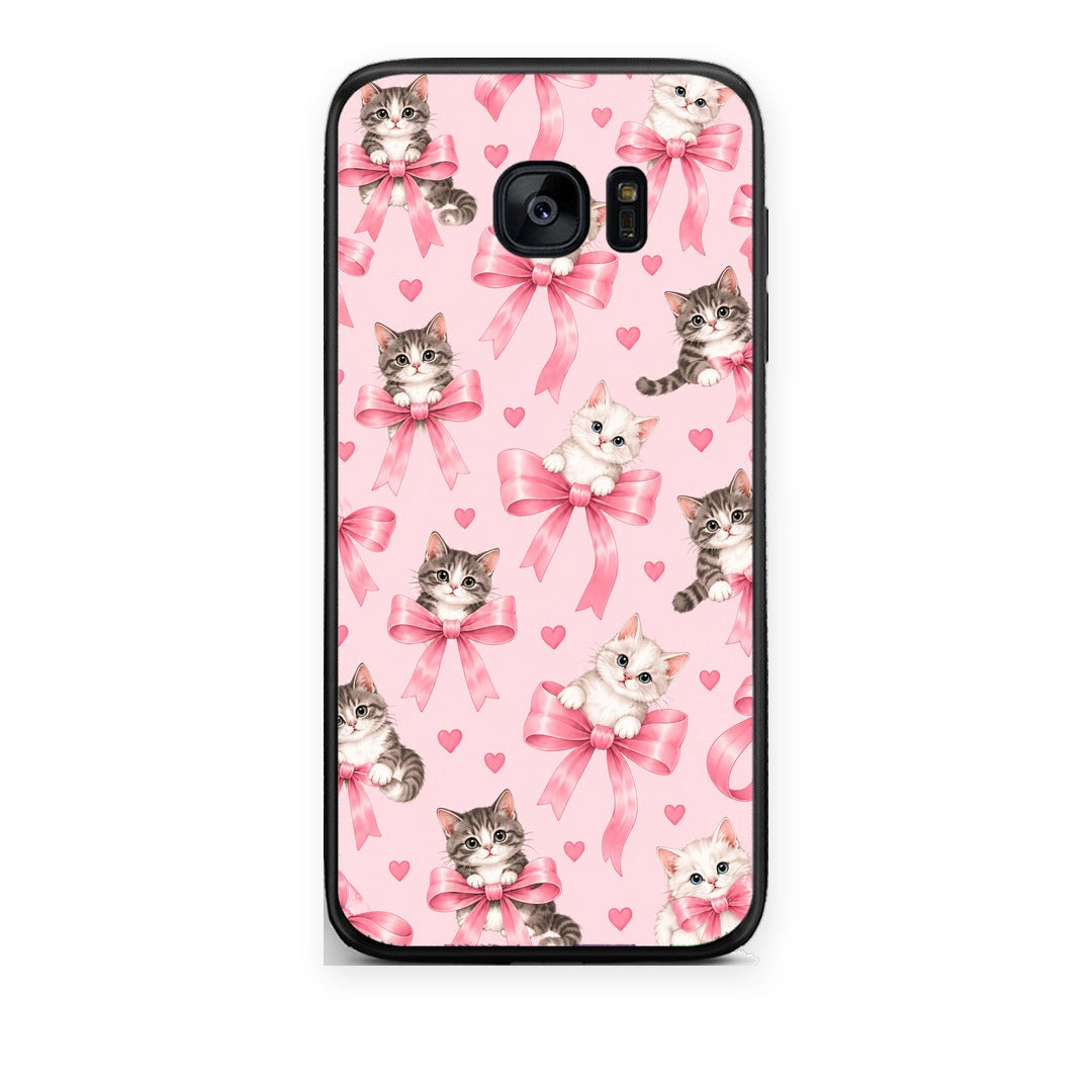 Θήκη Samsung Galaxy S7 Kittens and Pink Bows on Pink από τη Smartfits με σχέδιο στο πίσω μέρος και μαύρο περίβλημα | Samsung Galaxy S7 Kittens and Pink Bows on Pink case with colorful back and black bezels