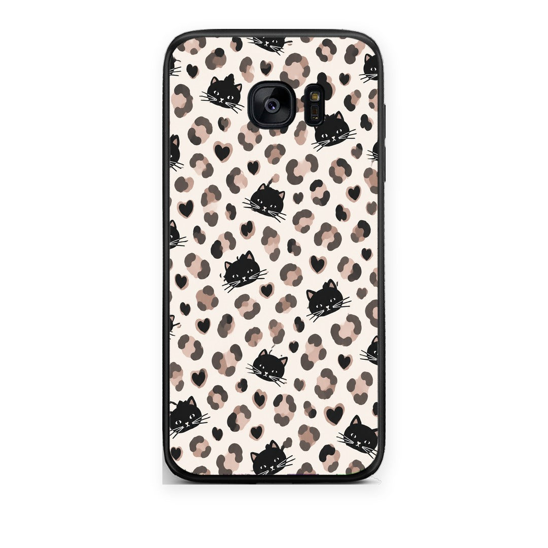 Θήκη Samsung Galaxy S7 Leopard Spots and Black Cats on Cream από τη Smartfits με σχέδιο στο πίσω μέρος και μαύρο περίβλημα | Samsung Galaxy S7 Leopard Spots and Black Cats on Cream case with colorful back and black bezels