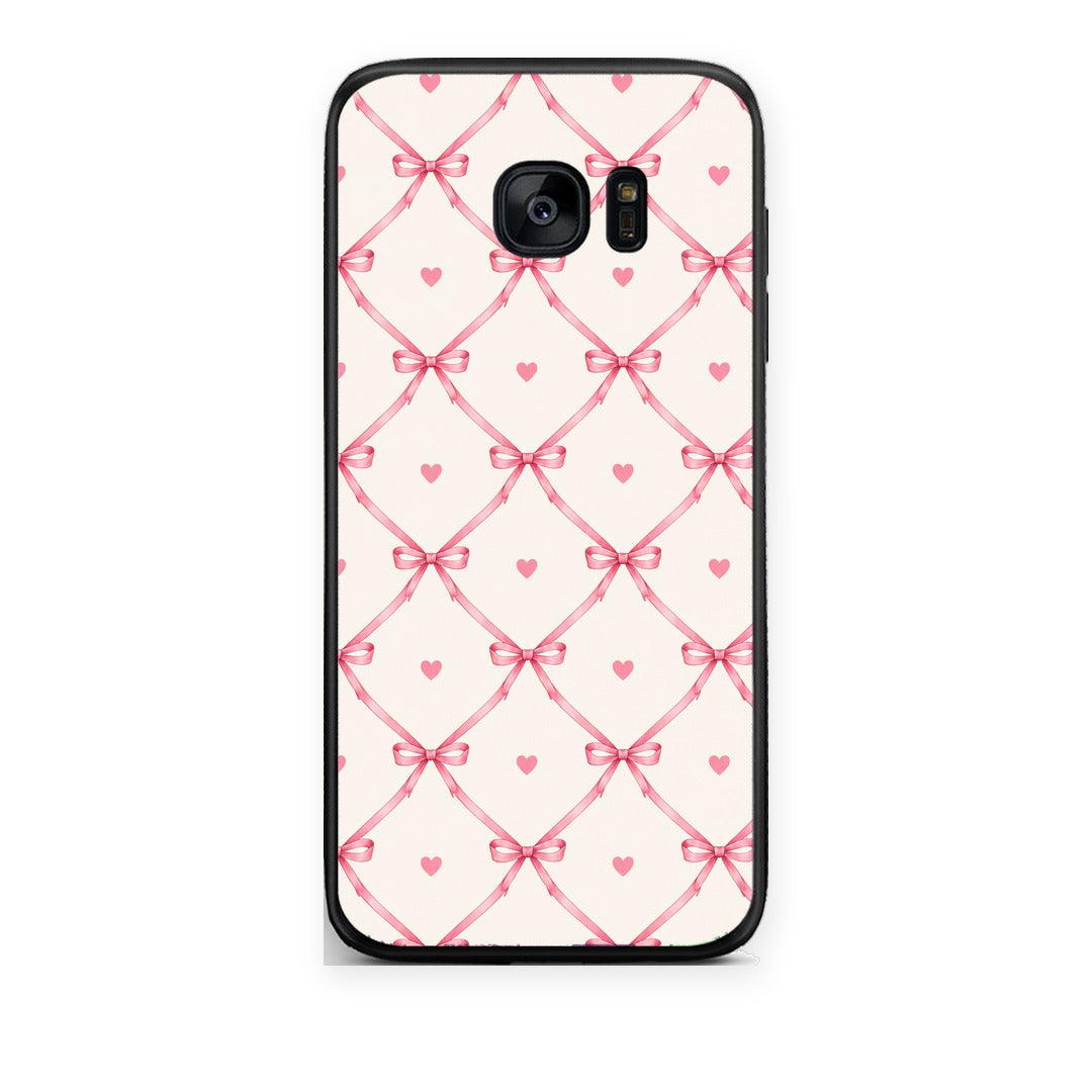 Θήκη Samsung Galaxy S7 Pink Bow Lattice and Hearts on Cream από τη Smartfits με σχέδιο στο πίσω μέρος και μαύρο περίβλημα | Samsung Galaxy S7 Pink Bow Lattice and Hearts on Cream case with colorful back and black bezels