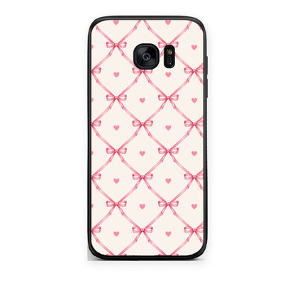 Θήκη Samsung Galaxy S7 Pink Bow Lattice and Hearts on Cream από τη Smartfits με σχέδιο στο πίσω μέρος και μαύρο περίβλημα | Samsung Galaxy S7 Pink Bow Lattice and Hearts on Cream case with colorful back and black bezels