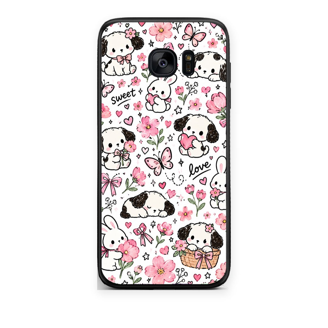 Θήκη Samsung Galaxy S7 Pink Florals Puppies and Bunnies on White από τη Smartfits με σχέδιο στο πίσω μέρος και μαύρο περίβλημα | Samsung Galaxy S7 Pink Florals Puppies and Bunnies on White case with colorful back and black bezels