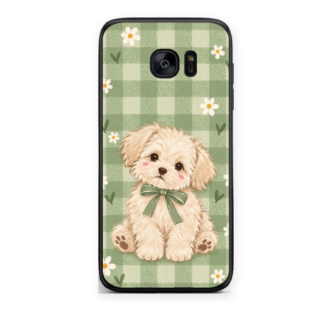 Θήκη Samsung Galaxy S7 Puppy and Daisies on Sage Gingham από τη Smartfits με σχέδιο στο πίσω μέρος και μαύρο περίβλημα | Samsung Galaxy S7 Puppy and Daisies on Sage Gingham case with colorful back and black bezels