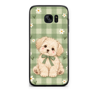 Θήκη Samsung Galaxy S7 Puppy and Daisies on Sage Gingham από τη Smartfits με σχέδιο στο πίσω μέρος και μαύρο περίβλημα | Samsung Galaxy S7 Puppy and Daisies on Sage Gingham case with colorful back and black bezels