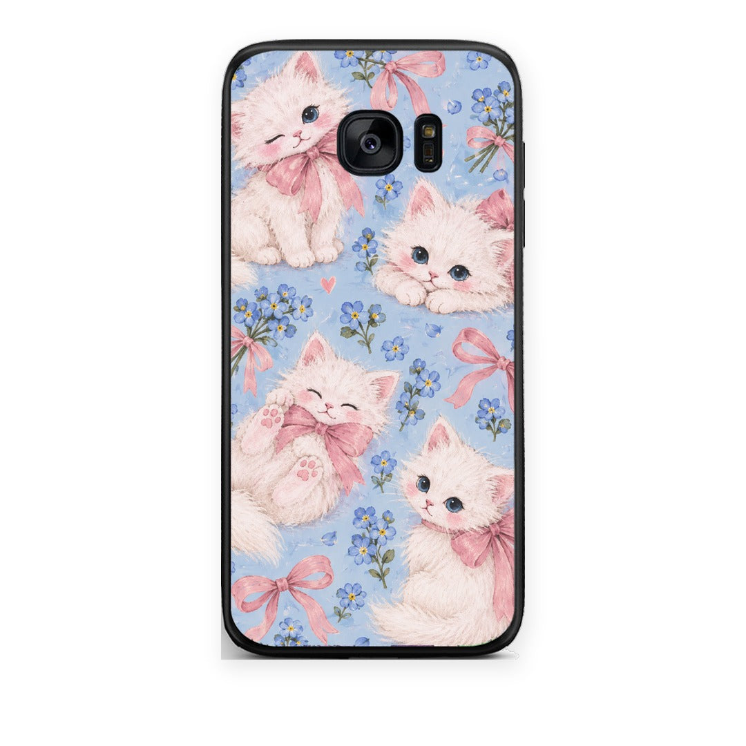 Θήκη Samsung Galaxy S7 White Kittens and Blue Flowers Large από τη Smartfits με σχέδιο στο πίσω μέρος και μαύρο περίβλημα | Samsung Galaxy S7 White Kittens and Blue Flowers Large case with colorful back and black bezels
