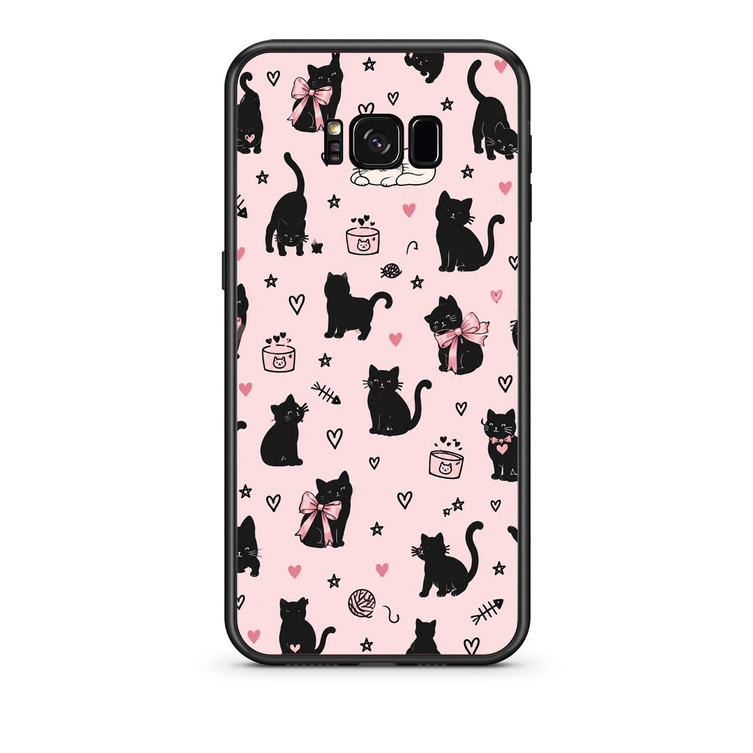 Θήκη Samsung Galaxy S8 Black Cat Doodles on Pink από τη Smartfits με σχέδιο στο πίσω μέρος και μαύρο περίβλημα | Samsung Galaxy S8 Black Cat Doodles on Pink case with colorful back and black bezels