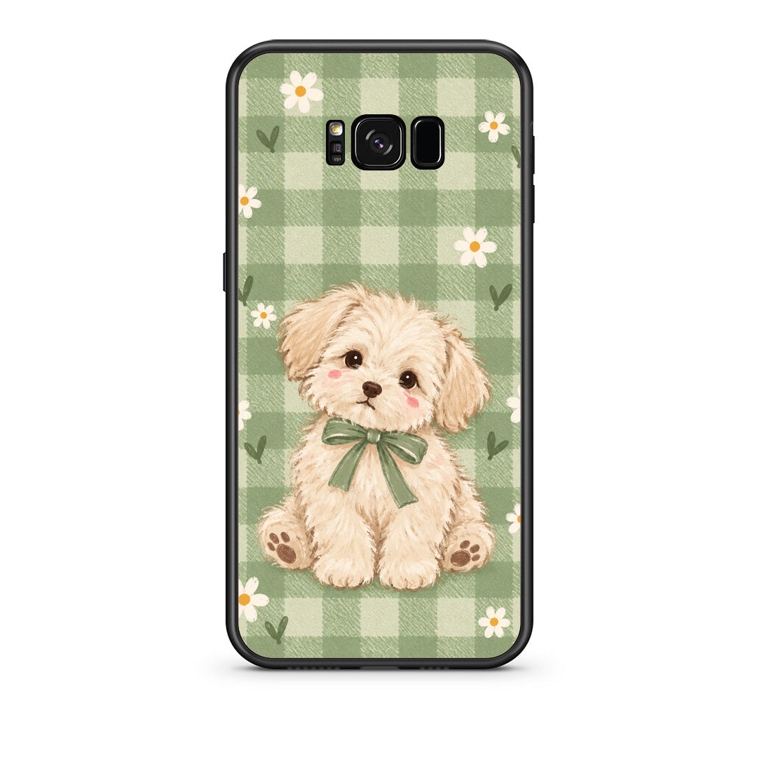 Θήκη Samsung Galaxy S8 Puppy and Daisies on Sage Gingham από τη Smartfits με σχέδιο στο πίσω μέρος και μαύρο περίβλημα | Samsung Galaxy S8 Puppy and Daisies on Sage Gingham case with colorful back and black bezels