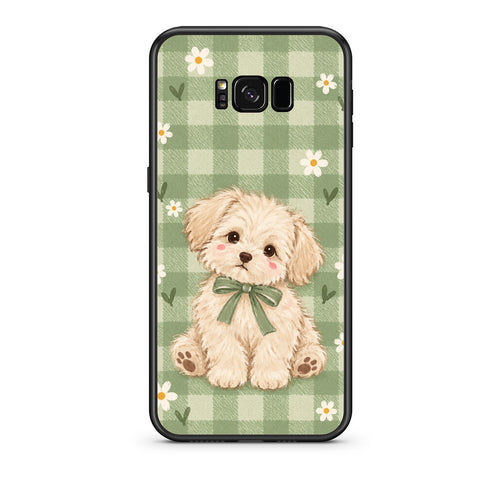 Θήκη Samsung Galaxy S8 Puppy and Daisies on Sage Gingham από τη Smartfits με σχέδιο στο πίσω μέρος και μαύρο περίβλημα | Samsung Galaxy S8 Puppy and Daisies on Sage Gingham case with colorful back and black bezels