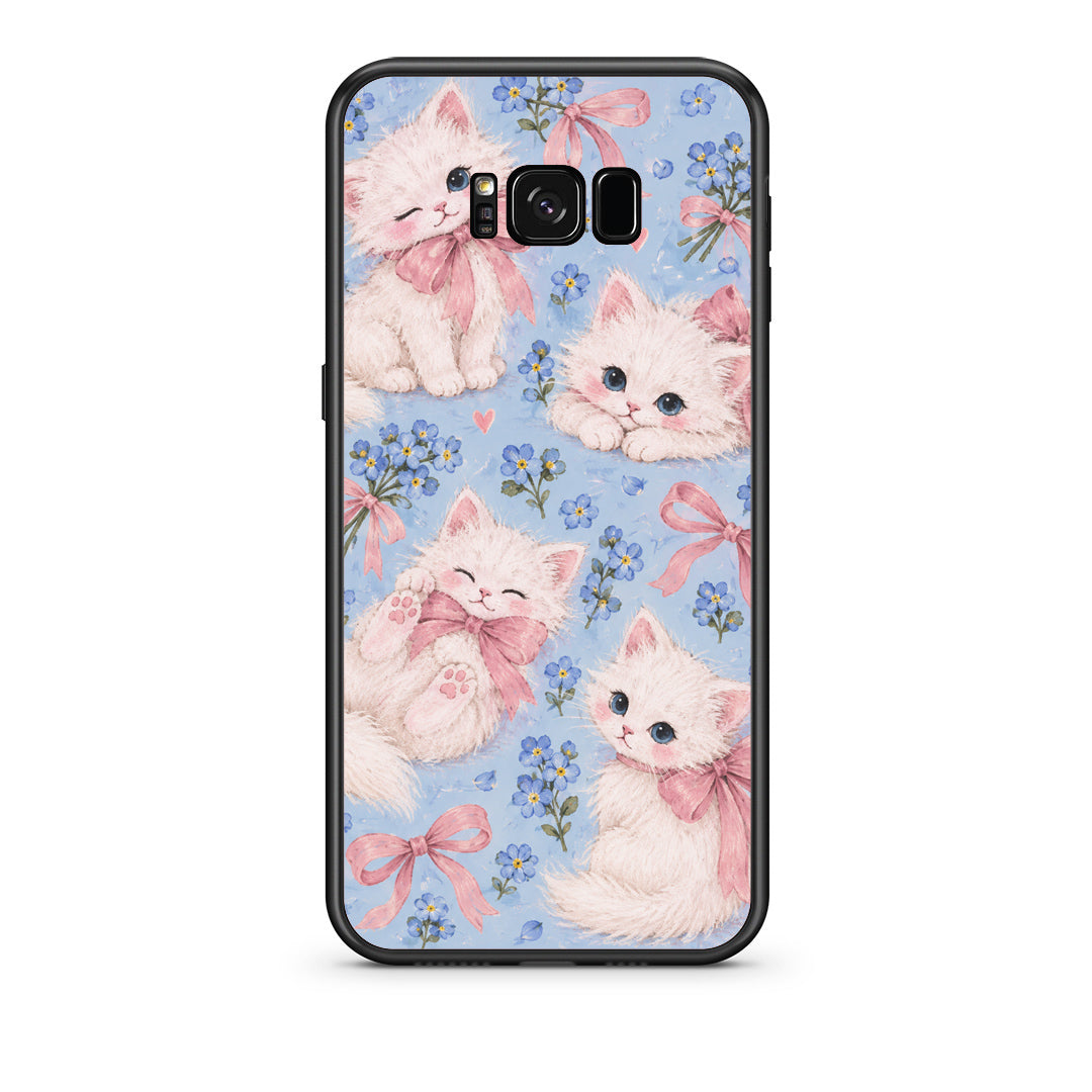 Θήκη Samsung Galaxy S8 White Kittens and Blue Flowers Large από τη Smartfits με σχέδιο στο πίσω μέρος και μαύρο περίβλημα | Samsung Galaxy S8 White Kittens and Blue Flowers Large case with colorful back and black bezels