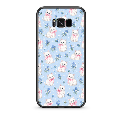 Θήκη Samsung Galaxy S8 White Kittens and Blue Flowers Small από τη Smartfits με σχέδιο στο πίσω μέρος και μαύρο περίβλημα | Samsung Galaxy S8 White Kittens and Blue Flowers Small case with colorful back and black bezels