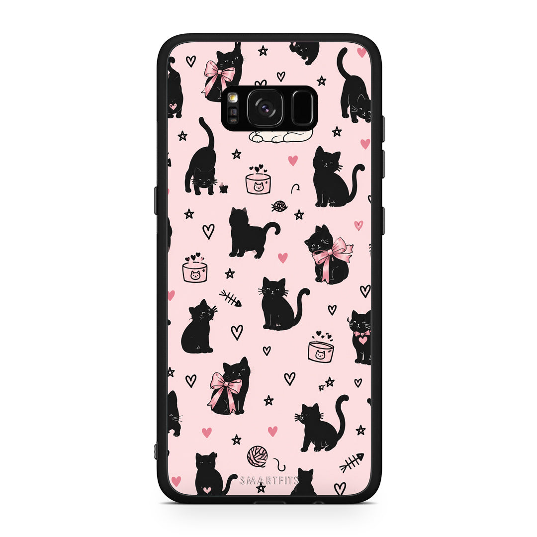 Θήκη Samsung Galaxy S8+ Black Cat Doodles on Pink από τη Smartfits με σχέδιο στο πίσω μέρος και μαύρο περίβλημα | Samsung Galaxy S8+ Black Cat Doodles on Pink case with colorful back and black bezels