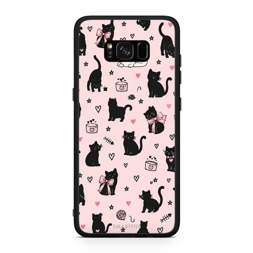 Θήκη Samsung Galaxy S8+ Black Cat Doodles on Pink από τη Smartfits με σχέδιο στο πίσω μέρος και μαύρο περίβλημα | Samsung Galaxy S8+ Black Cat Doodles on Pink case with colorful back and black bezels