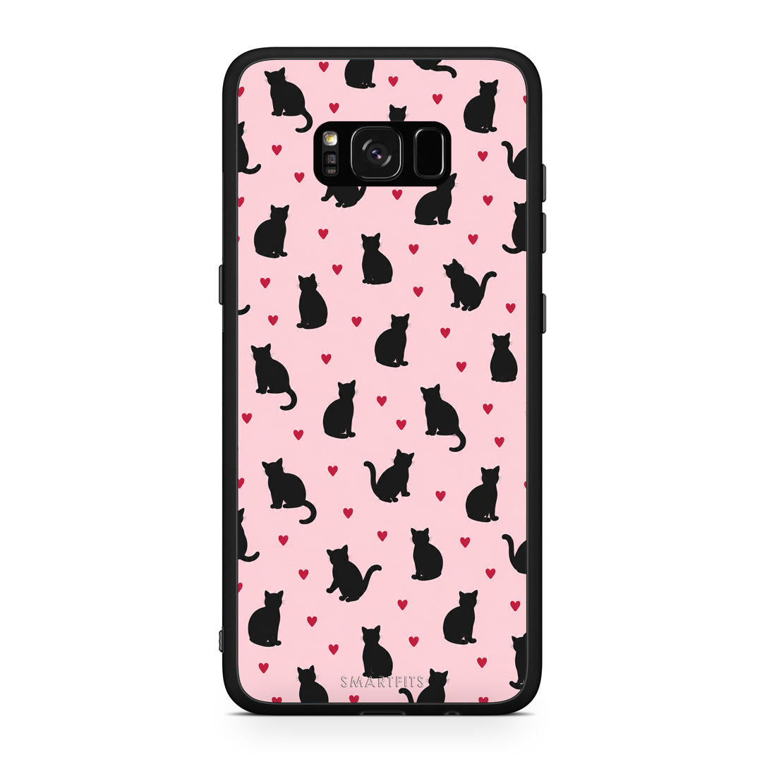 Θήκη Samsung Galaxy S8+ Black Cat Silhouettes and Hearts on Pink από τη Smartfits με σχέδιο στο πίσω μέρος και μαύρο περίβλημα | Samsung Galaxy S8+ Black Cat Silhouettes and Hearts on Pink case with colorful back and black bezels