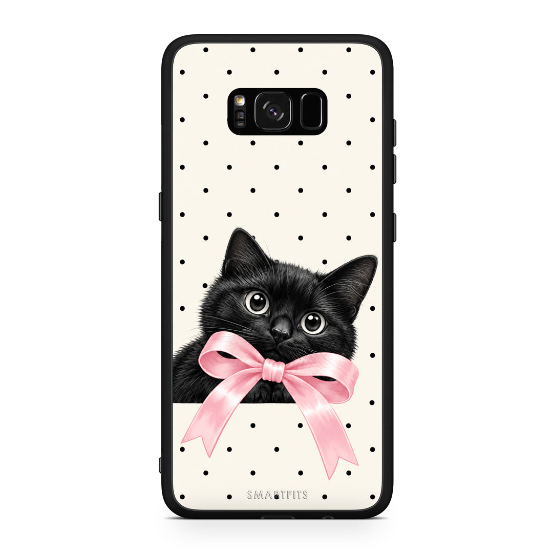 Θήκη Samsung Galaxy S8+ Black Kitten Pink Bow and Polka Dots από τη Smartfits με σχέδιο στο πίσω μέρος και μαύρο περίβλημα | Samsung Galaxy S8+ Black Kitten Pink Bow and Polka Dots case with colorful back and black bezels
