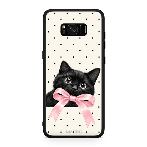 Θήκη Samsung Galaxy S8+ Black Kitten Pink Bow and Polka Dots από τη Smartfits με σχέδιο στο πίσω μέρος και μαύρο περίβλημα | Samsung Galaxy S8+ Black Kitten Pink Bow and Polka Dots case with colorful back and black bezels