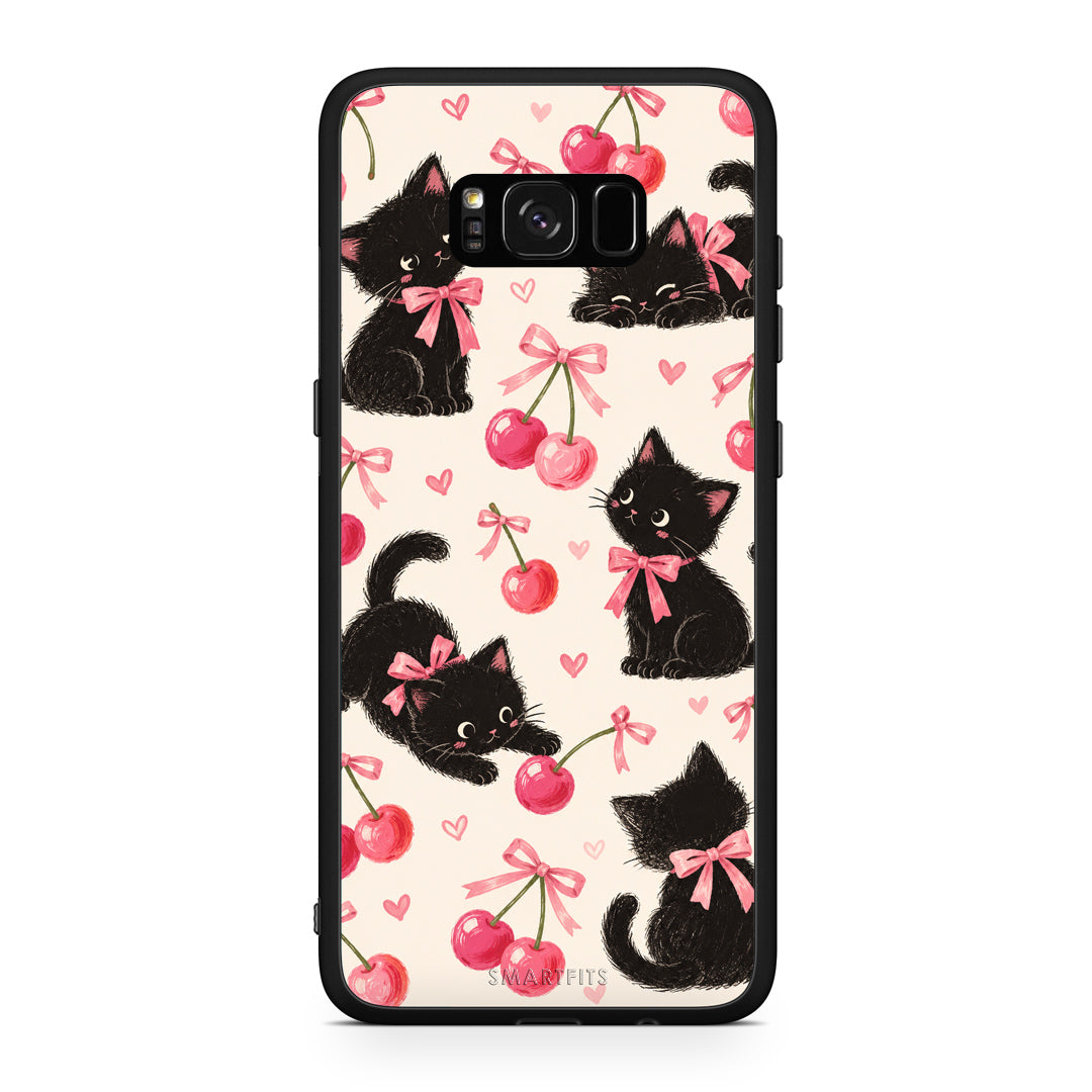 Θήκη Samsung Galaxy S8+ Black Kittens and Cherries on Cream από τη Smartfits με σχέδιο στο πίσω μέρος και μαύρο περίβλημα | Samsung Galaxy S8+ Black Kittens and Cherries on Cream case with colorful back and black bezels