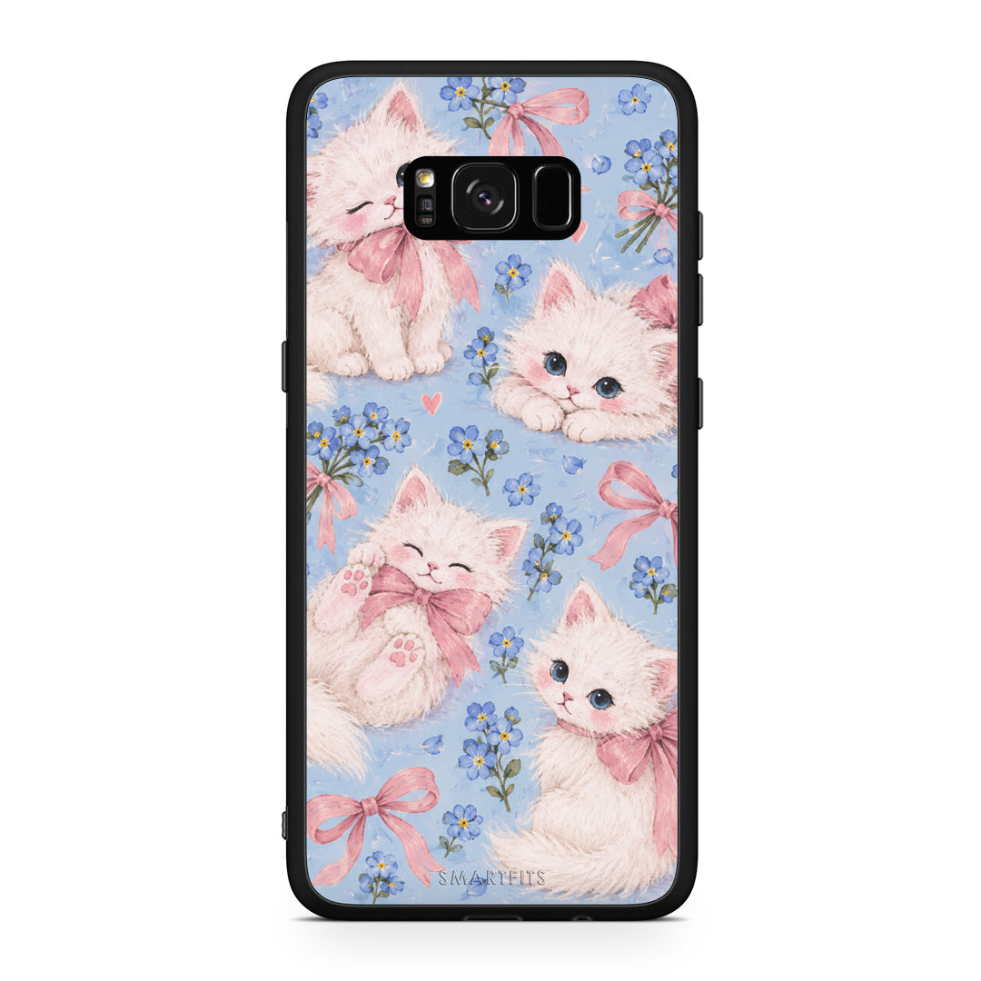 Θήκη Samsung Galaxy S8+ White Kittens and Blue Flowers Large από τη Smartfits με σχέδιο στο πίσω μέρος και μαύρο περίβλημα | Samsung Galaxy S8+ White Kittens and Blue Flowers Large case with colorful back and black bezels