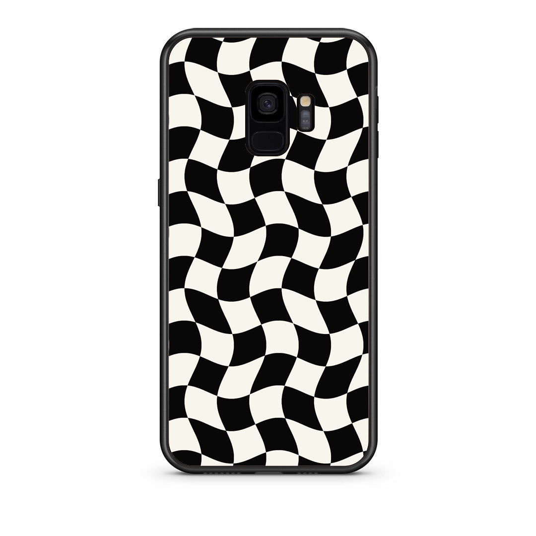 Θήκη Samsung Galaxy S9 Black and Cream Wavy Checkerboard από τη Smartfits με σχέδιο στο πίσω μέρος και μαύρο περίβλημα | Samsung Galaxy S9 Black and Cream Wavy Checkerboard case with colorful back and black bezels