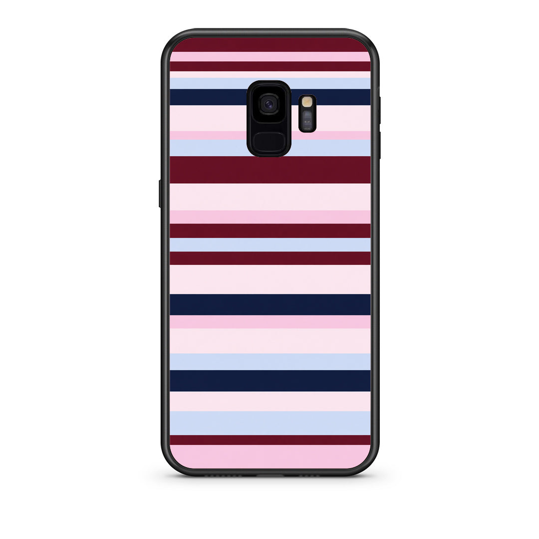 Θήκη Samsung Galaxy S9 Burgundy Pink and Blue Horizontal Stripes από τη Smartfits με σχέδιο στο πίσω μέρος και μαύρο περίβλημα | Samsung Galaxy S9 Burgundy Pink and Blue Horizontal Stripes case with colorful back and black bezels