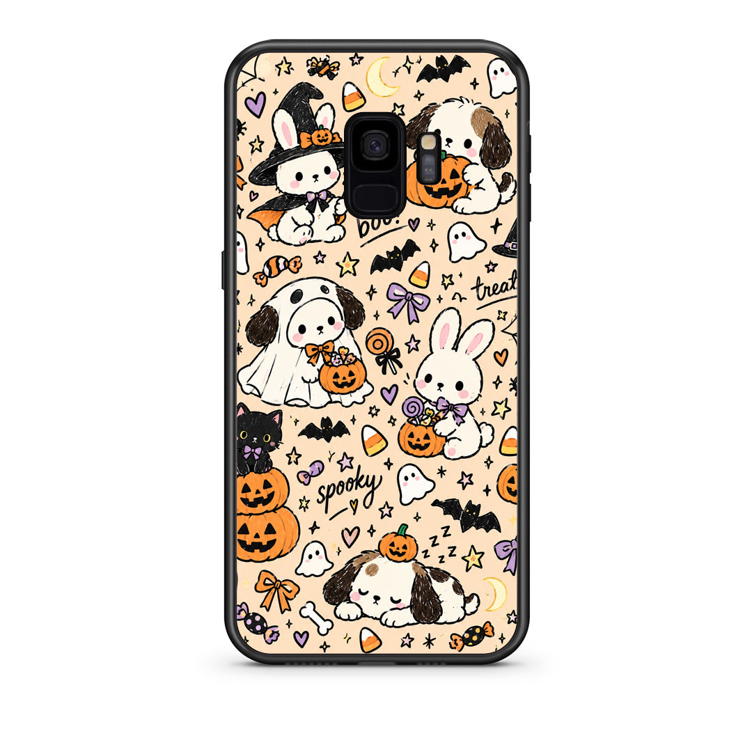Θήκη Samsung Galaxy S9 Halloween Puppies and Friends on Cream από τη Smartfits με σχέδιο στο πίσω μέρος και μαύρο περίβλημα | Samsung Galaxy S9 Halloween Puppies and Friends on Cream case with colorful back and black bezels