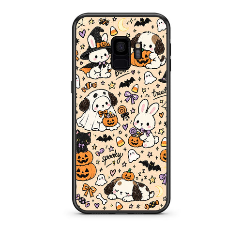 Θήκη Samsung Galaxy S9 Halloween Puppies and Friends on Cream από τη Smartfits με σχέδιο στο πίσω μέρος και μαύρο περίβλημα | Samsung Galaxy S9 Halloween Puppies and Friends on Cream case with colorful back and black bezels