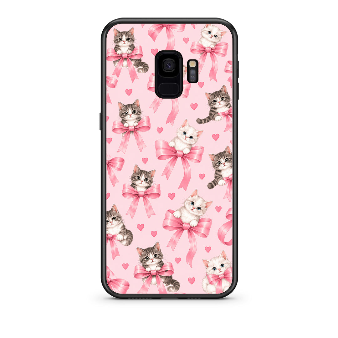 Θήκη Samsung Galaxy S9 Kittens and Pink Bows on Pink από τη Smartfits με σχέδιο στο πίσω μέρος και μαύρο περίβλημα | Samsung Galaxy S9 Kittens and Pink Bows on Pink case with colorful back and black bezels