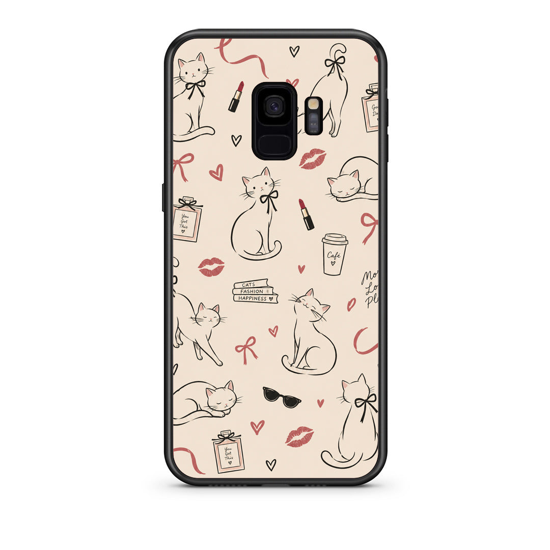 Θήκη Samsung Galaxy S9 Minimal Cat and Fashion Doodles on Cream από τη Smartfits με σχέδιο στο πίσω μέρος και μαύρο περίβλημα | Samsung Galaxy S9 Minimal Cat and Fashion Doodles on Cream case with colorful back and black bezels