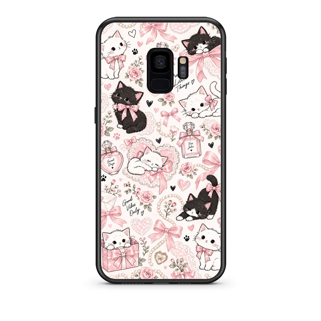Θήκη Samsung Galaxy S9 Pink Bows and Kittens Collage από τη Smartfits με σχέδιο στο πίσω μέρος και μαύρο περίβλημα | Samsung Galaxy S9 Pink Bows and Kittens Collage case with colorful back and black bezels