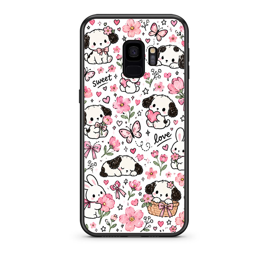 Θήκη Samsung Galaxy S9 Pink Florals Puppies and Bunnies on White από τη Smartfits με σχέδιο στο πίσω μέρος και μαύρο περίβλημα | Samsung Galaxy S9 Pink Florals Puppies and Bunnies on White case with colorful back and black bezels