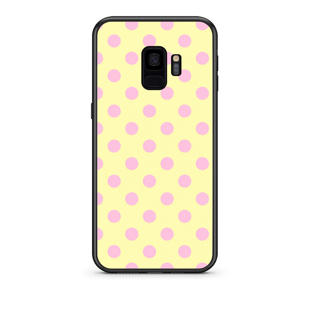 Θήκη Samsung Galaxy S9 Pink Polka Dots on Yellow από τη Smartfits με σχέδιο στο πίσω μέρος και μαύρο περίβλημα | Samsung Galaxy S9 Pink Polka Dots on Yellow case with colorful back and black bezels