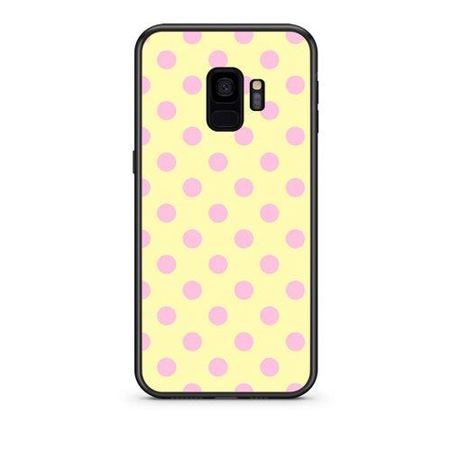 Θήκη Samsung Galaxy S9 Pink Polka Dots on Yellow από τη Smartfits με σχέδιο στο πίσω μέρος και μαύρο περίβλημα | Samsung Galaxy S9 Pink Polka Dots on Yellow case with colorful back and black bezels