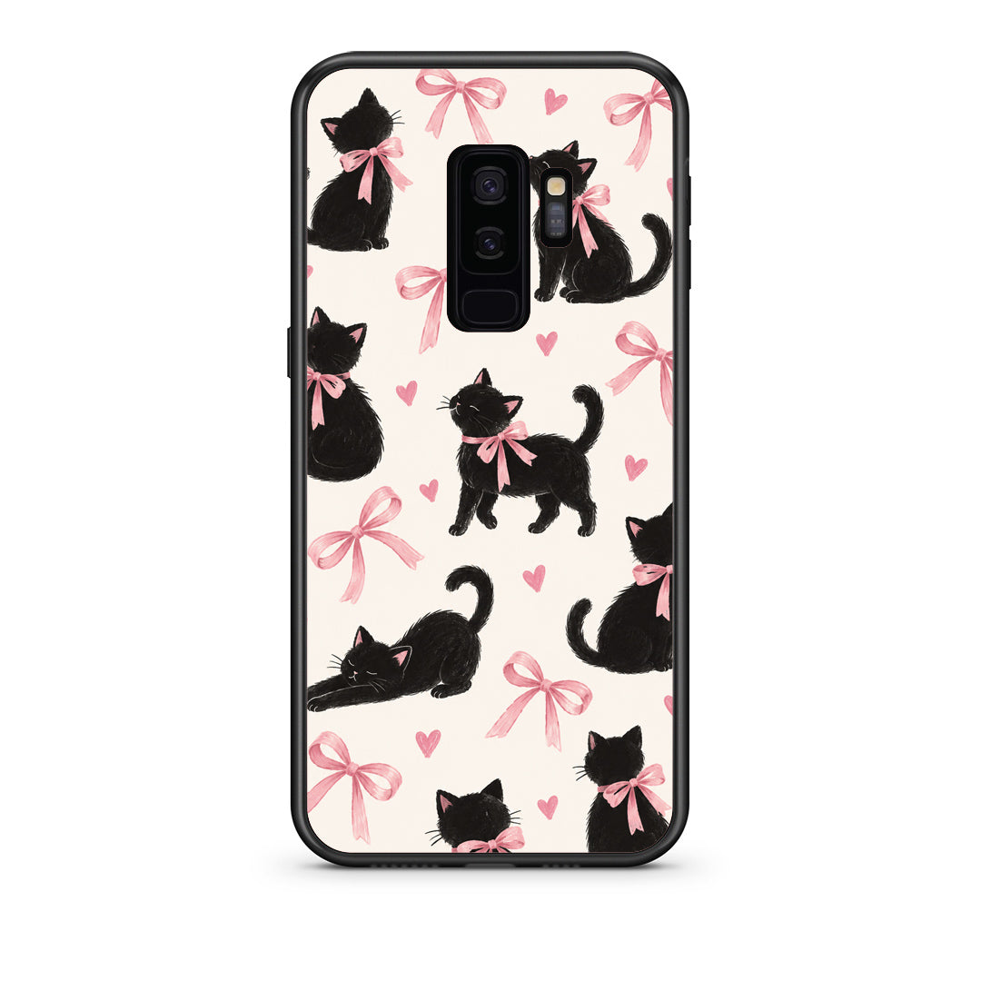 Θήκη Samsung Galaxy S9+ Black Kittens and Pink Bows on Cream Large από τη Smartfits με σχέδιο στο πίσω μέρος και μαύρο περίβλημα | Samsung Galaxy S9+ Black Kittens and Pink Bows on Cream Large case with colorful back and black bezels